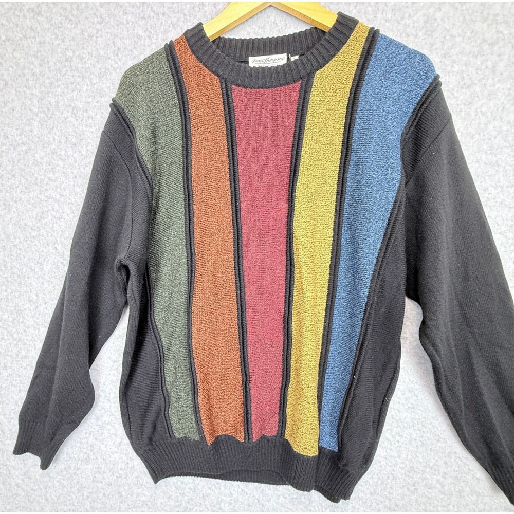 VTG Norm Thompson Sweater Men L Black Multi Color Block Vertical Stripe Retro